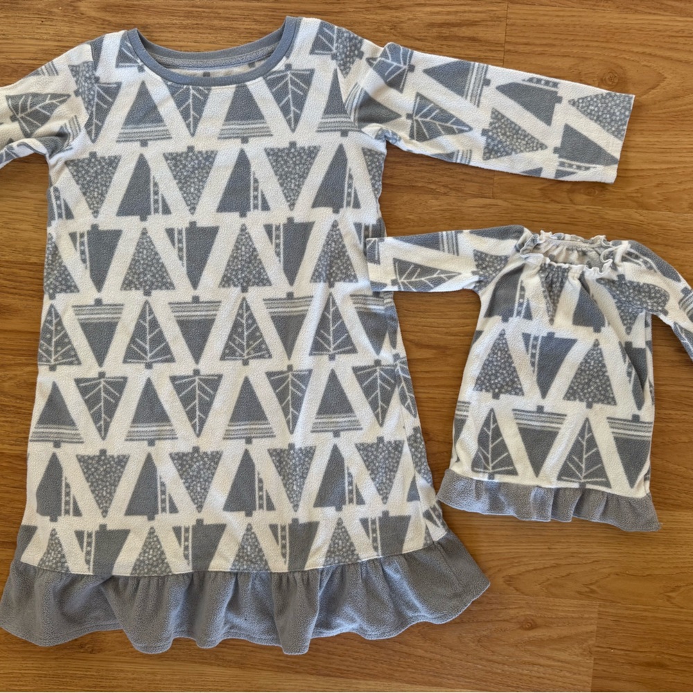 Girls Fleece Jammie’s dress with matching doll dress - Christmas tree pattern
